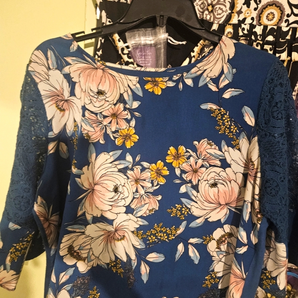 Floral Blue Top with Lace Sleeves